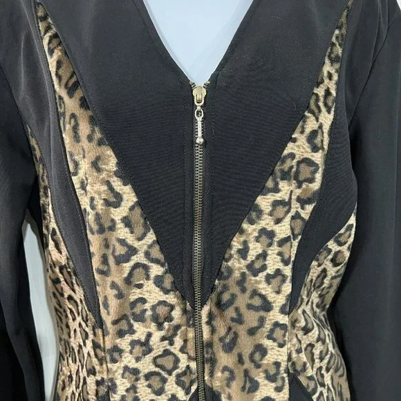 Vintage 80's Black Stretchy Furry Trimmed Leopard Print Bodycon Jumpsuit USA S ? - Picture 3 of 7